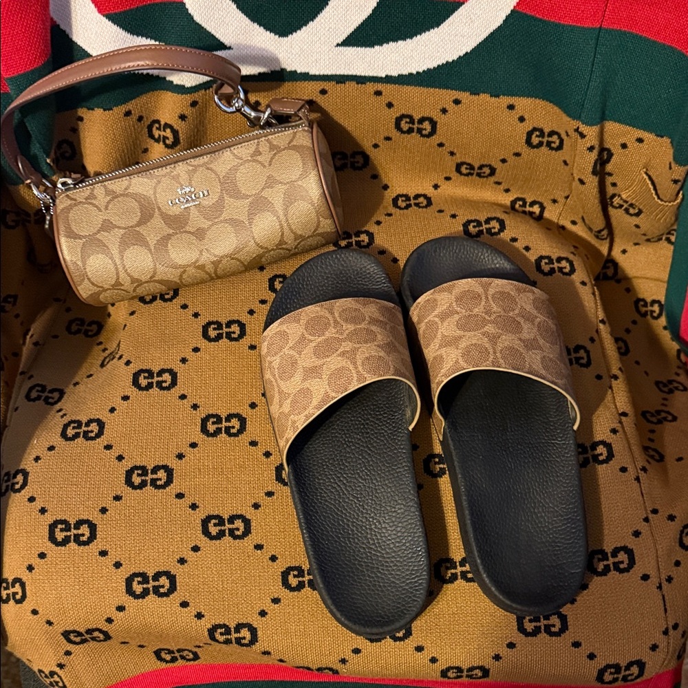 Coach Tan Signature Slides and Wristlet